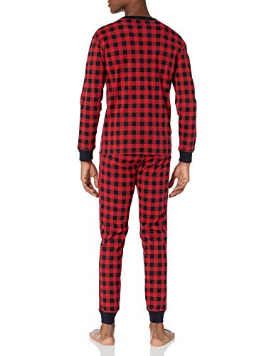 Amazon Essentials Men's Knit Pajama Set, Red Buffalo Plaid, Large