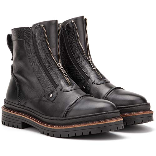 Vintage Foundry Co. Spin Men’s Fashion Hand-Crafted Classic Cap-Toe Casual Combat Derby Chukka Black Leather Zippered High-Top Ankle Boots, Chunky Block Heels, Platform, Rubber Lug Sole; Size 11