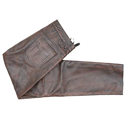 Demon Wears Men's Brown Distressed Motorcycle Leather Jeans Style Pants for Men (40" inch)