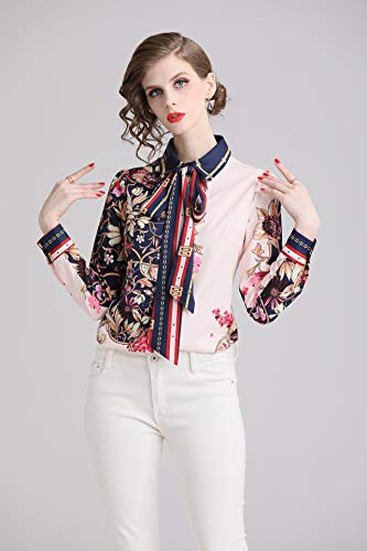 Women's Tie Neck Floral Print Shirt Casual Long Sleeve Button up Blouse Top