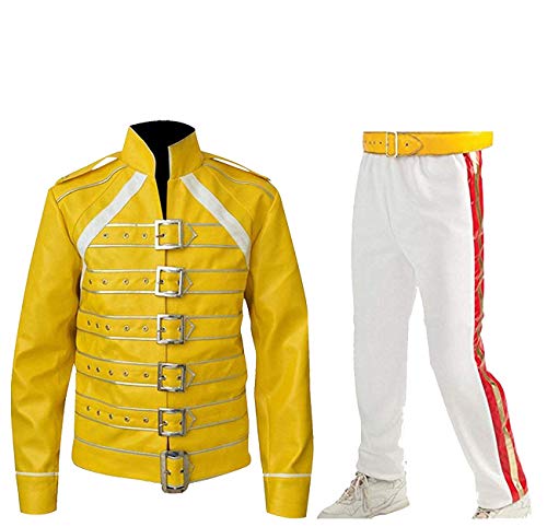 Mens Rock Singer Fred Wembley Tribute Concert Belted Biker White Faux Leather Pants Cosplay