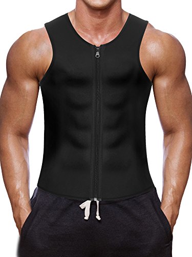 Wonderience Men Waist Trainer Vest for Weightloss Hot Neoprene Corset Body Shaper Zipper Sauna Tank Top Workout Shirt (XL, Black Neoprene Slimming Vest)