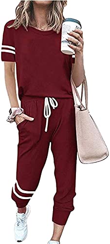 Women's Striped Jogger Set 2 Pieces Sweatsuit Sets Short Sleeve Loungewear Crewneck Outfits Athletic Clothing Sets Tracksuits