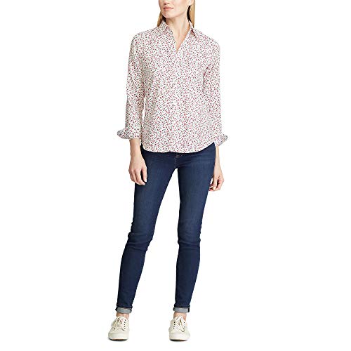 Chaps Women's Long Sleeve Non Iron Cotton Sateen-Shirt, Pearl/RED, XS