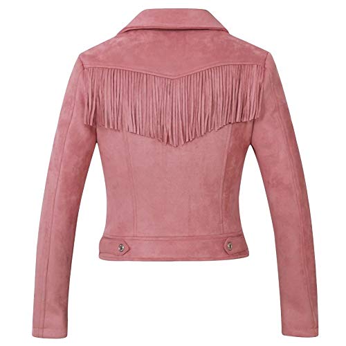 CHARTOU Women's Stylish Notched Collar Oblique Zip Suede Leather Moto Jacket (Large, Tassel-Pink)