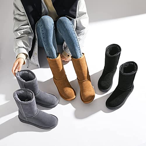 Women's Winter Snow Boots Warm Cow Suede Leather Mid Calf Boots Ankle Booties(Black,US9)