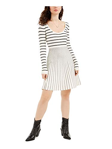 GUESS Womens White Striped Long Sleeve Scoop Neck Knee Length Fit + Flare Dress Size L