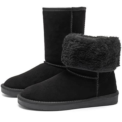 Women's Winter Snow Boots Warm Cow Suede Leather Mid Calf Boots Ankle Booties(Black,US9)