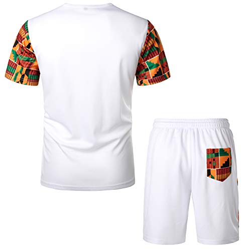 LucMatton Men's African Pattern Printed T-Shirt and Shorts Set Sports Mesh Tracksuit Dashiki Outfits White Small