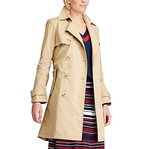 Chaps Women's Double Breasted Waterproof Trench Classic Overcoat Jacket, Khaki, L