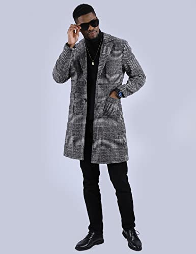 Uaneo Men's Casual Notch Lapel Single Breasted Plaid Mid Long Trench Pea Coat (Dark Gray, XX-Large)