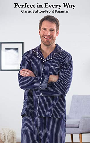 PajamaGram Classic Pajamas for Men - Cotton Mens PJs Set, Navy/White Stripe, XL