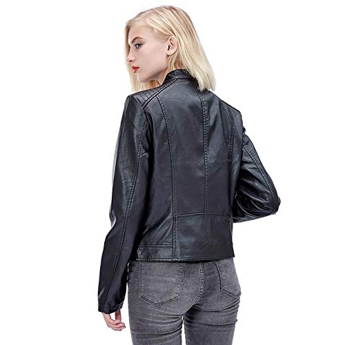 Fahsyee Women's Faux Leather Jackets, Zip Up Motorcycle Short PU Moto Biker Outwear Fitted Slim Coat Black Size L
