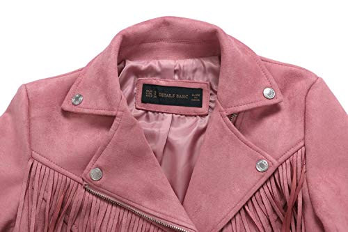 CHARTOU Women's Stylish Notched Collar Oblique Zip Suede Leather Moto Jacket (Large, Tassel-Pink)