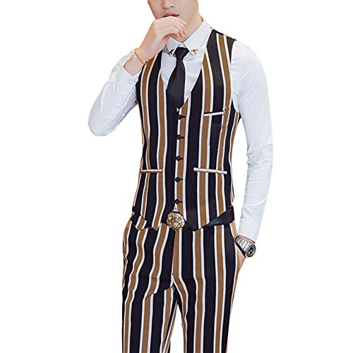 Men's Colored Striped 3 Piece Suit Slim Fit Tuxedo Blazer Jacket Pants Vest Set (Coffee-DB, X-Large)