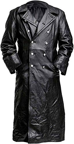 Mens Vintage German Classic WW2 Officer Military Uniform Black Leather Trench Coat Jacket