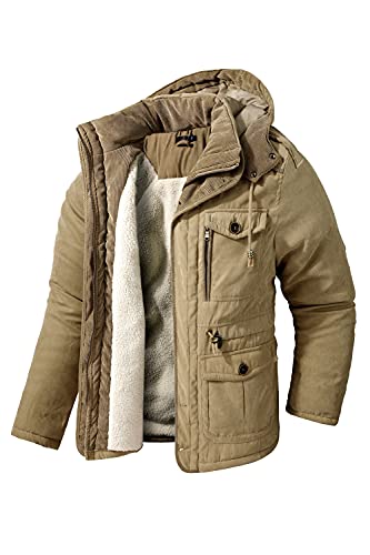 Mr.Stream Men's Winter Hooded Jacket Windproof Sherpa Lined Fleece Windbreaker Coat Outerwear Warm Parka Khaki L