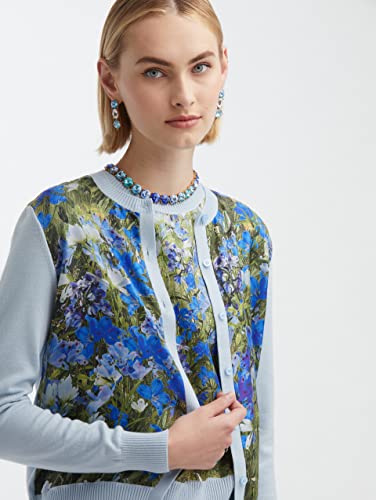 Oscar de la Renta, Floral Field Silk Inset Cardigan, M, Topaz Multi