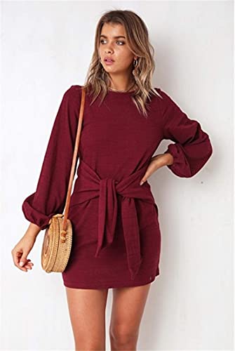 PRETTYGARDEN Women’s Elegant Long Lantern Sleeve Short Dress Crewneck Tie Waist Knit Cocktail Dress Wine Red