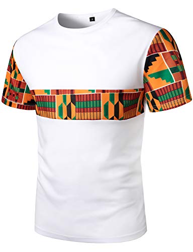 LucMatton Men's African Pattern Printed T-Shirt and Shorts Set Sports Mesh Tracksuit Dashiki Outfits White Small
