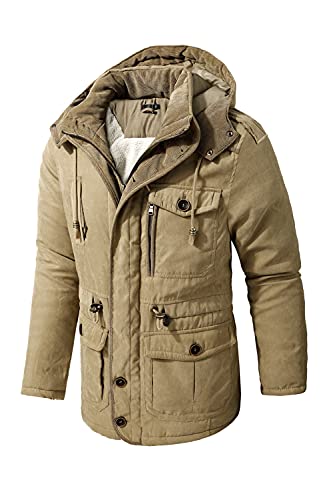 Mr.Stream Men's Winter Hooded Jacket Windproof Sherpa Lined Fleece Windbreaker Coat Outerwear Warm Parka Khaki L