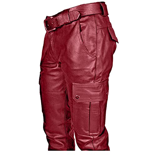 Mens Steampunk Stretchy Faux Leather Biker Pants Retro Metallic Motocycle Slim Fit PU Leather Denim Pants