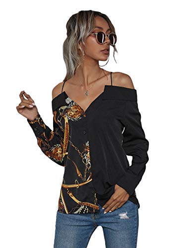 Floerns Women's Off The Shoulder Long Sleeve Button Front Blouse Shirt Tops Black XL