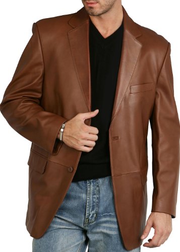 BGSD Men Richard Classic 2-Button Leather Blazer Lambskin Sport Coat Jacket Cognac Large