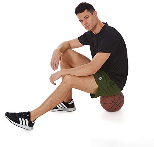 SILKWORLD Men's Running Stretch Quick Dry Shorts with Zipper Pockets(Pack of 3), Black, Army Green, Light Grey, Medium