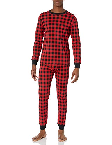 Amazon Essentials Men's Knit Pajama Set, Red Buffalo Plaid, Large