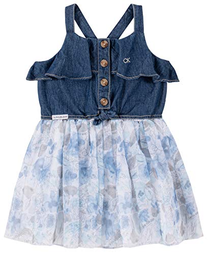 Calvin Klein Girls' Dress, Dark Blue Wash/White Print, 6