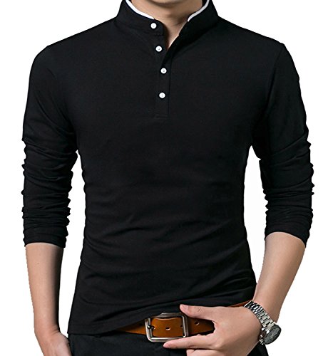 KUYIGO Men's Casual Slim Fit Long Sleeve Polo Cotton Shirts Medium Black