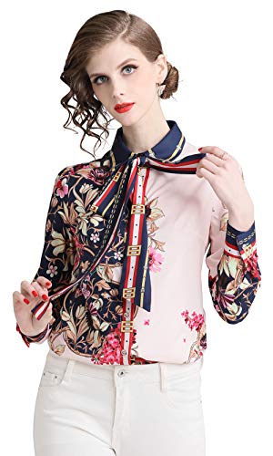Women's Tie Neck Floral Print Shirt Casual Long Sleeve Button up Blouse Top