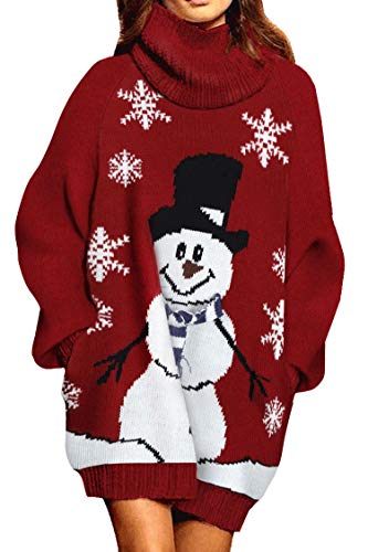 Pink Queen Women Oversize Turtleneck Santa Snowman Christmas Pullover Sweater Dress S Wine Red