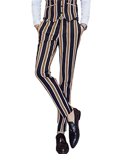 Men's Colored Striped 3 Piece Suit Slim Fit Tuxedo Blazer Jacket Pants Vest Set (Coffee-DB, X-Large)