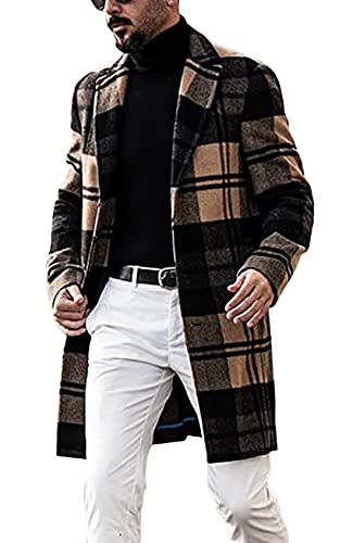 chouyatou Men's Casual Notched Collar Plaid Single Breasted Wool Blend Formal Trench Top Coat (Brown-Plaid, Medium)