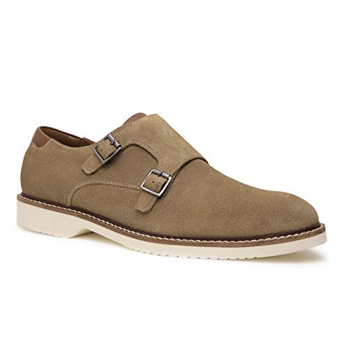 ALLONSI Neil | Genuine Leather Suede Dress Shoes | Luxury Mens Monk Strap Shoes | Handcrafted Trendy Casual Shoes | Lightweight EVA Sole | Plain Toe | Beige | US 11