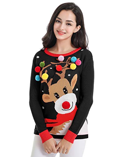 v28 Varied Ugly Christmas Sweater for Women Merry Reindeer Shirt Knit Sweaters (Medium, Colorful Deer Black)