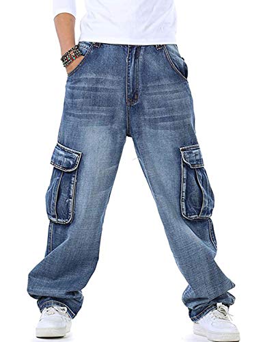 Yeokou Men's Casual Loose Hip Hop Denim Work Pants Multi Pockets Cargo Jeans (36, Light Blue)
