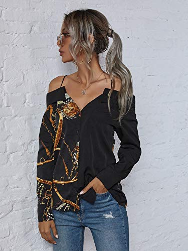 Floerns Women's Off The Shoulder Long Sleeve Button Front Blouse Shirt Tops Black XL