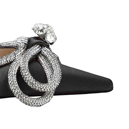 Vertundy Women's Lace up High Heeled Sandals Ankle Buckle Strap Rhinestone Bowknot Stilettos Satin Pointy Pumps (Black,US size8)