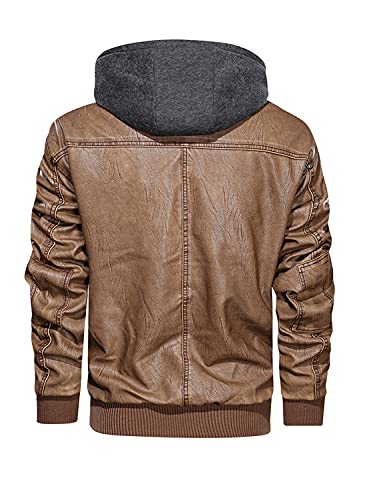 Hood Crew Men's Warm PU Faux Leather Zip-Up Motorcycle Bomber Jacket With a Removable Hood Brown XXXL