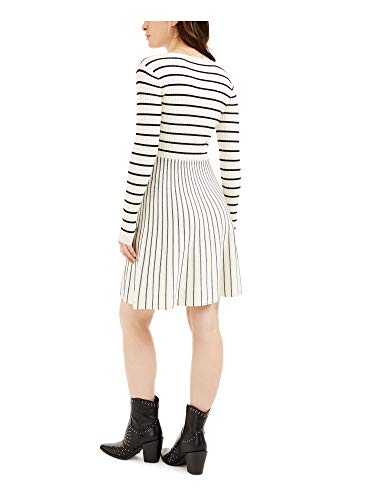 GUESS Womens White Striped Long Sleeve Scoop Neck Knee Length Fit + Flare Dress Size L