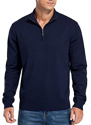 NITAGUT Mens Slim Fit Quarter Zip Mock Neck Polo Sweater Casual Long Sleeve Sweater and Turtleneck Pullover Navy Blue, XX-Large