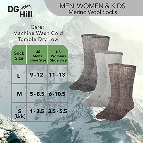 3 Pairs Thermal 80% Merino Wool Socks Hiking Crew, black, gray, brown, men’s shoe size 9-12, women’s 11-13