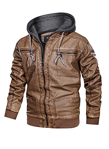 Hood Crew Men's Warm PU Faux Leather Zip-Up Motorcycle Bomber Jacket With a Removable Hood Brown XXXL