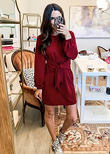 PRETTYGARDEN Women’s Elegant Long Lantern Sleeve Short Dress Crewneck Tie Waist Knit Cocktail Dress Wine Red