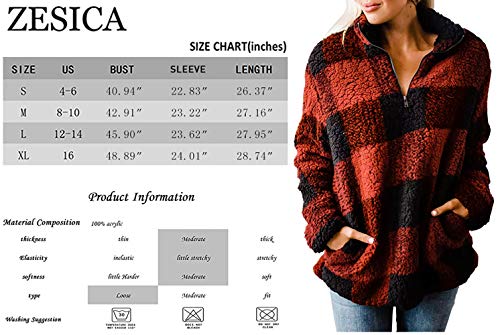 ZESICA Women's Plaid Long Sleeve Zipper Sherpa Fleece Sweatshirt Pullover Jacket Coat with Pockets,Grey,X-Large