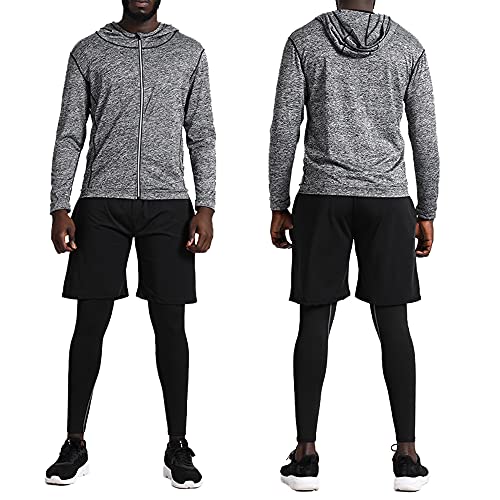 BUYJYA 5Pcs Men's Compression Pants Shirt Top Long Sleeve Jacket Athletic Sets Gym Clothing Mens Workout (Gray, M)