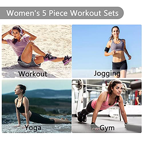 ZETIY Women's 5pcs Sport Suits Fitness Yoga Running Athletic Tracksuits (L, Grey)